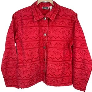 Chico's Design red cropped cotton tone-on-tone embroidery pewter-tone jacket